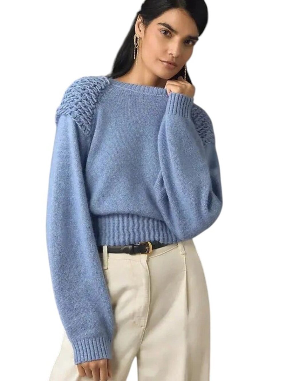 Mare Mare Sweater Women's Large Blue Cropped Knit Textured Pullover Casual